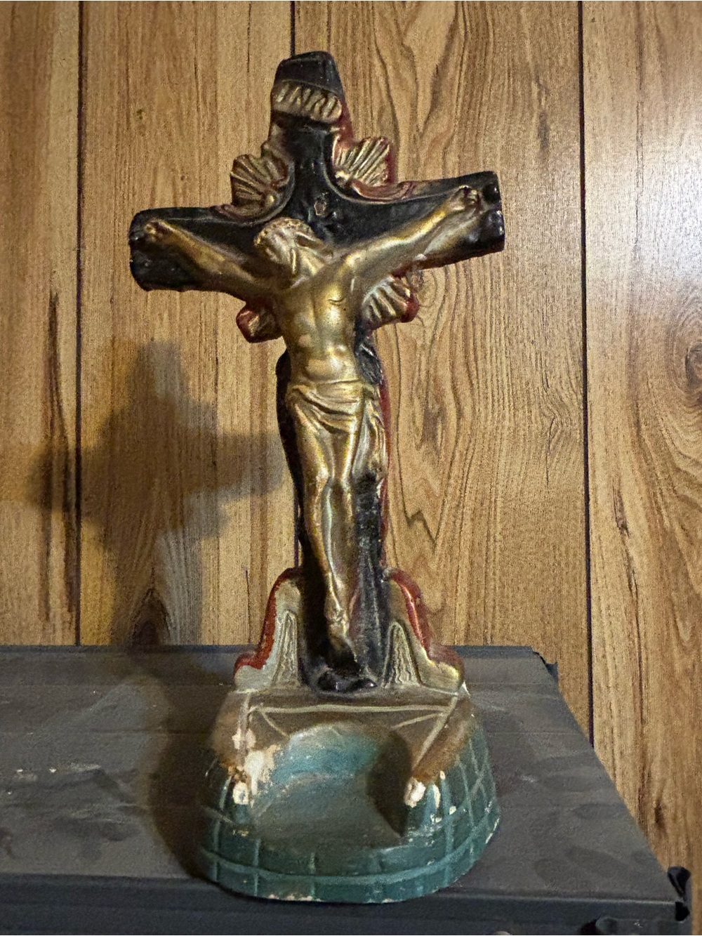 vintage painted chalkware/plaster tabletop crucifix holy water font